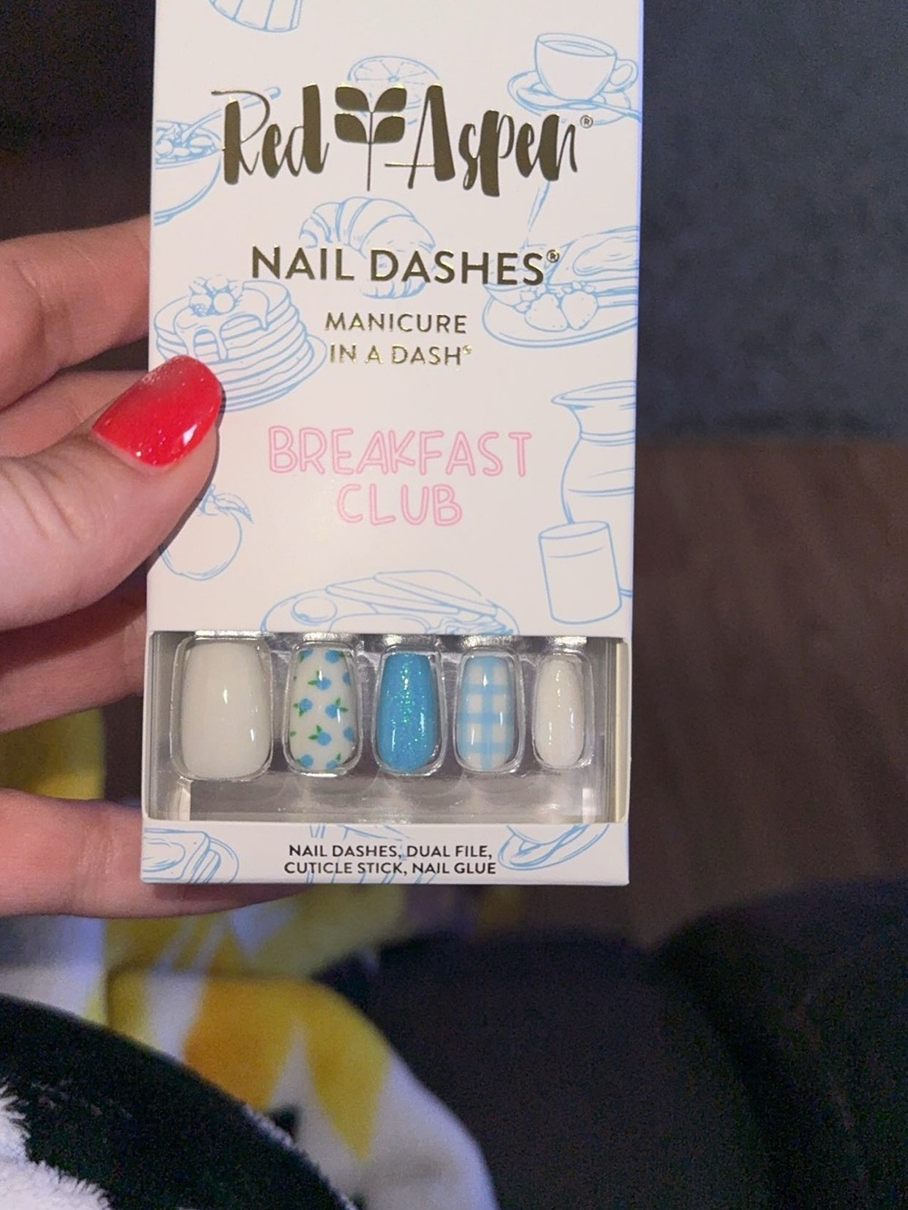 Red Aspen Breakfast Club Press-On Nails — Blue & White Nail Dashes